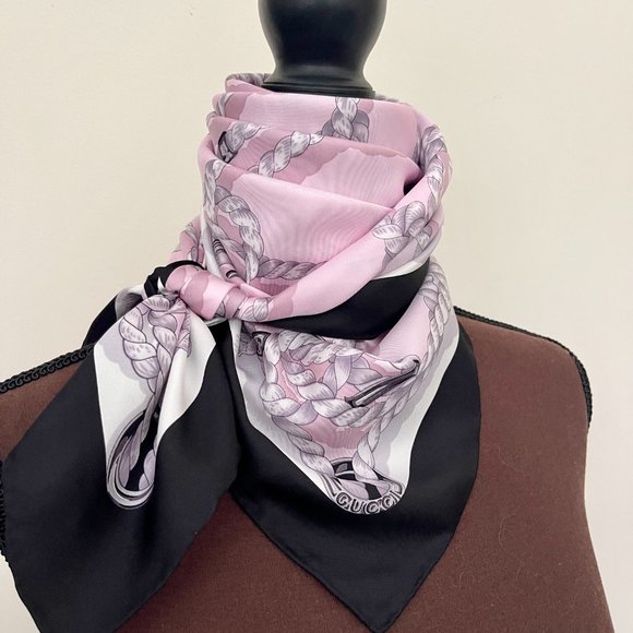New Gucci Silk Scarf Pink Ropes Print Black Border Silk Wrap Scarf - Picture 11 of 15